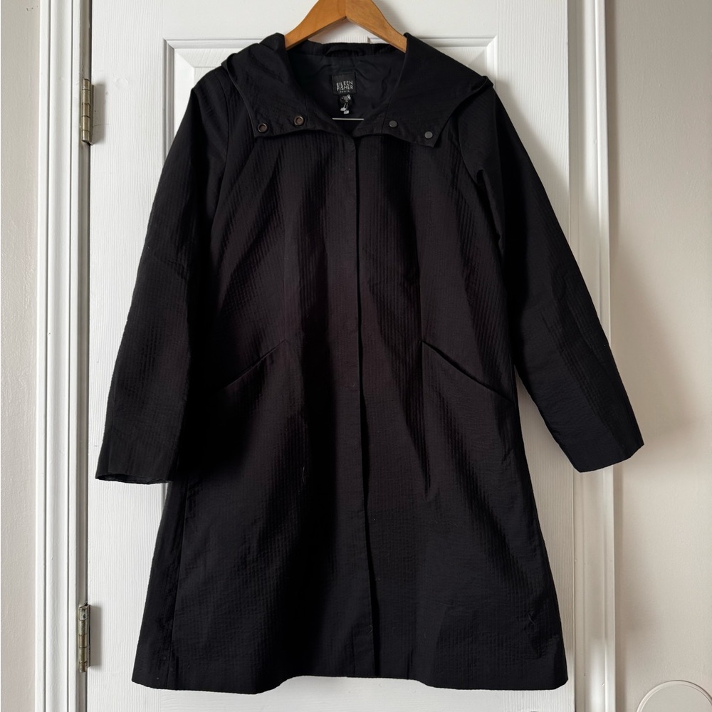 Eileen Fisher Women's Size Stripe Texture Black Trench Peacoat with Hood 0476